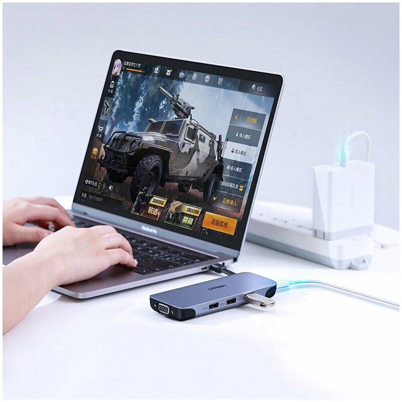 Hub Ugreen, type-C la 3x USB 3.0, HDMI, VGA, RJ45, SD Card, TF Card, gri, 70409 