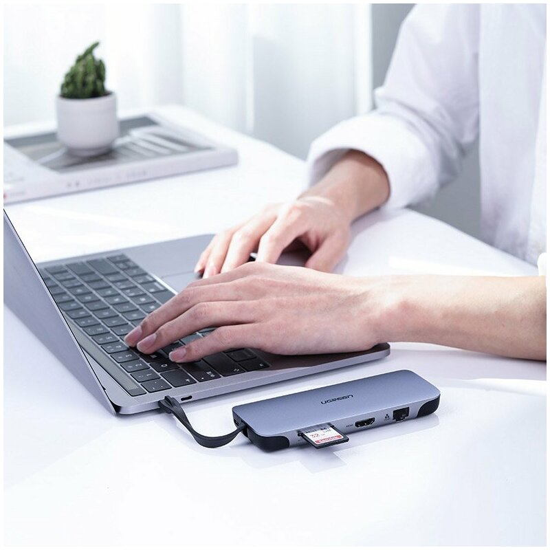 Hub Ugreen, type-C la 3x USB 3.0, HDMI, VGA, RJ45, SD Card, TF Card, gri, 70409 