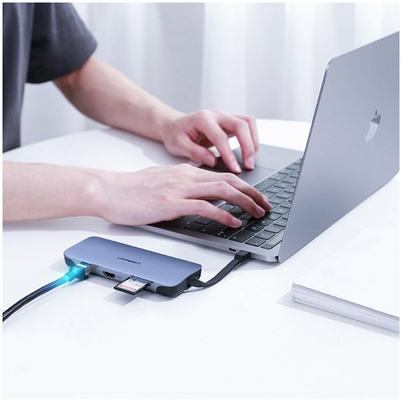 Hub Ugreen, type-C la 3x USB 3.0, HDMI, VGA, RJ45, SD Card, TF Card, gri, 70409 