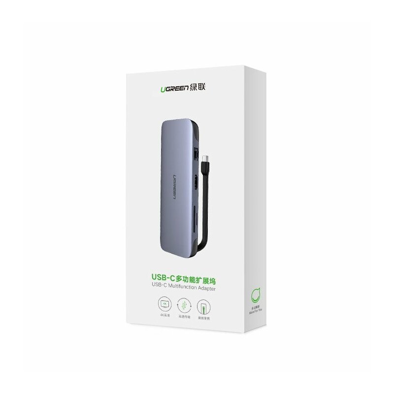 Hub Ugreen, type-C la 3x USB 3.0, HDMI, VGA, RJ45, SD Card, TF Card, gri, 70409 