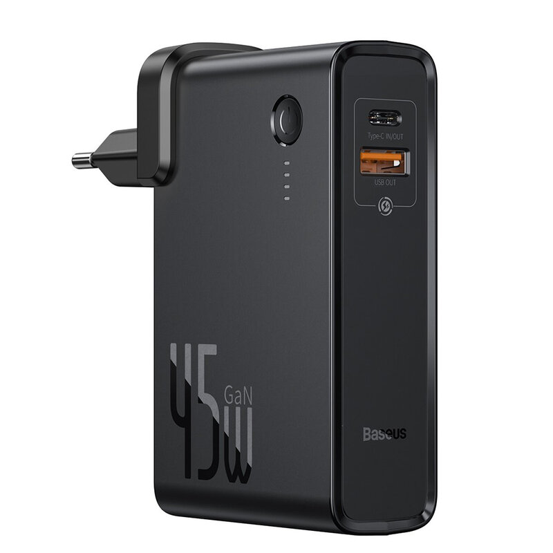 Incarcator Priza + Baterie Externa Baseus GaN 1xUSB + 1xType-C Fast Charge 45W 10000mAh - PPNLD-C01 - Negru