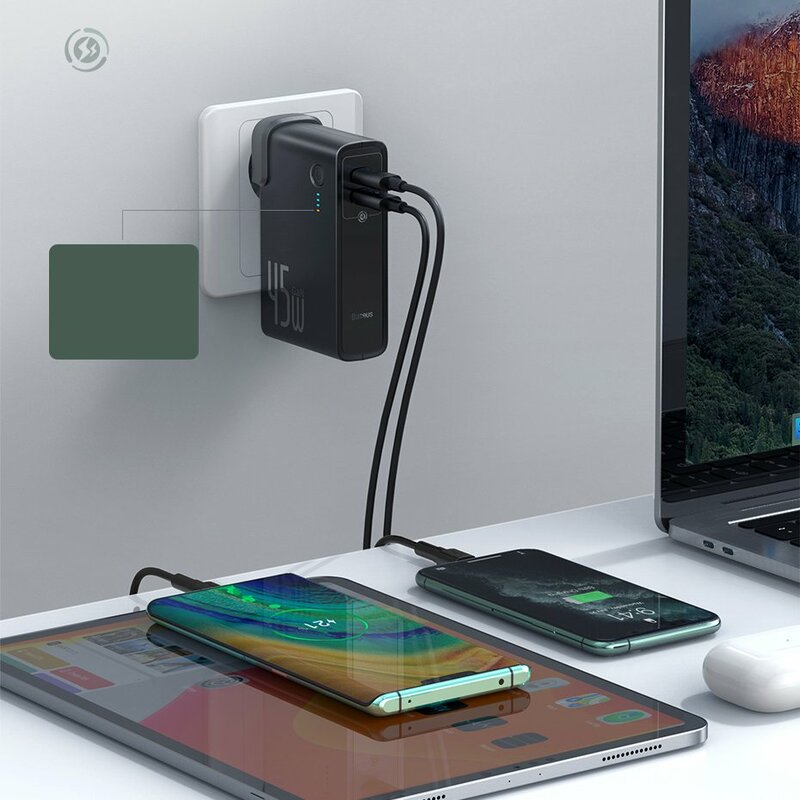 Incarcator Priza + Baterie Externa Baseus GaN 1xUSB + 1xType-C Fast Charge 45W 10000mAh - PPNLD-C01 - Negru
