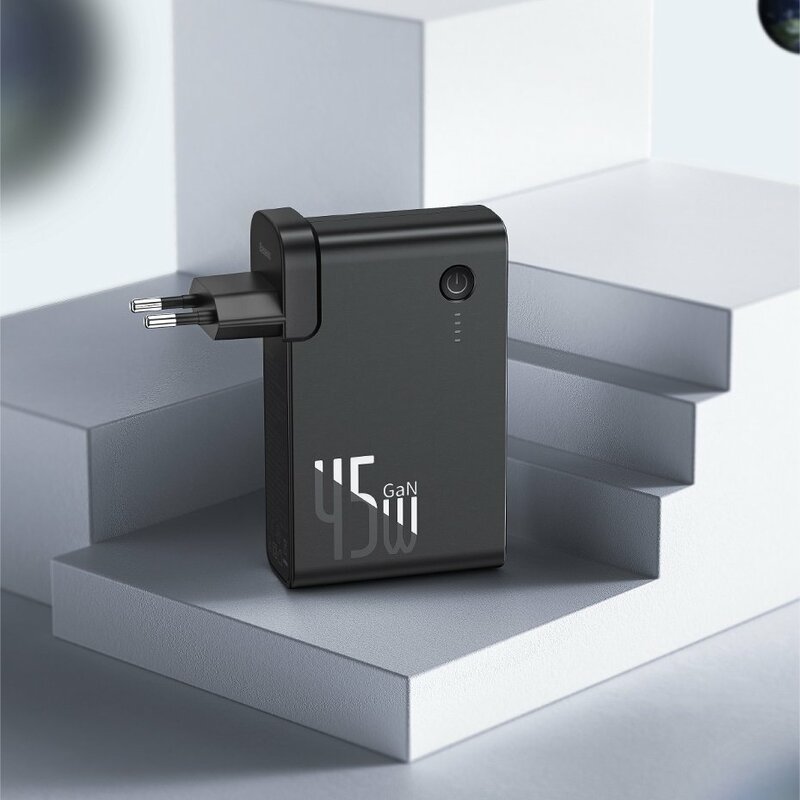 Incarcator Priza + Baterie Externa Baseus GaN 1xUSB + 1xType-C Fast Charge 45W 10000mAh - PPNLD-C01 - Negru