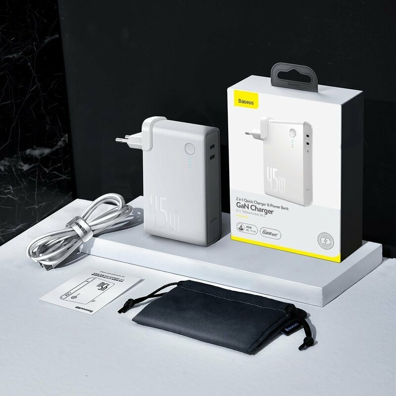 Incarcator Priza + Baterie Externa Baseus GaN 2xType-C Fast Charge 45W 10000mAh - PPNLD-F02 - Alb