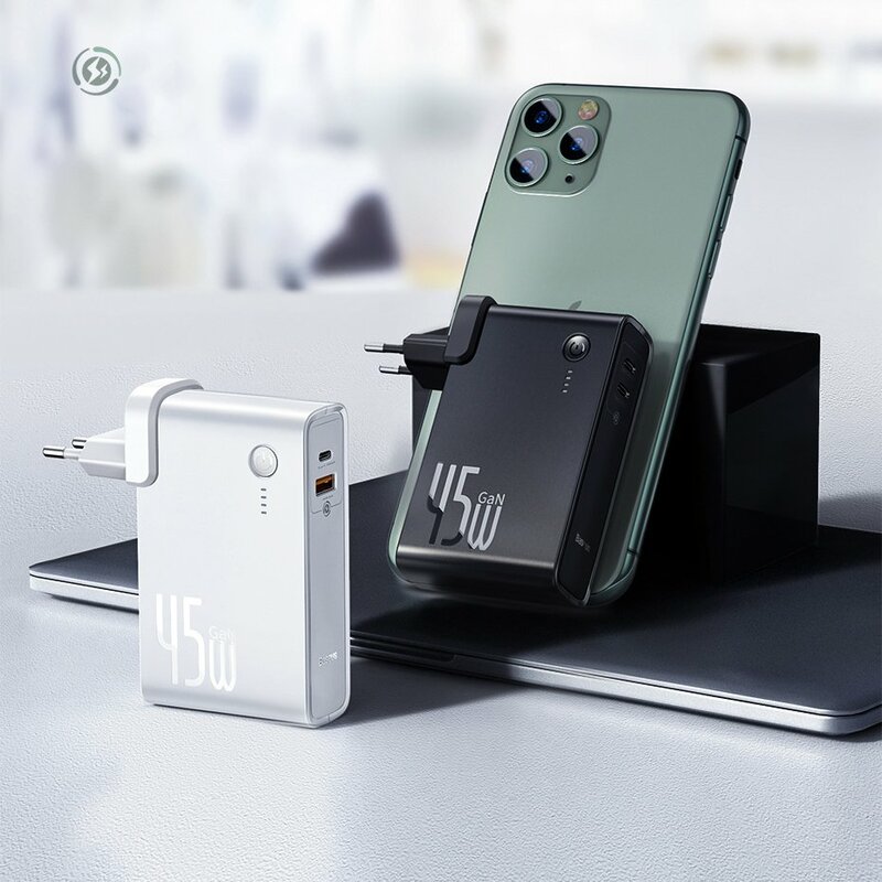Incarcator Priza + Baterie Externa Baseus GaN 1xUSB + 1xType-C Fast Charge 45W 10000mAh - PPNLD-C02 - Alb
