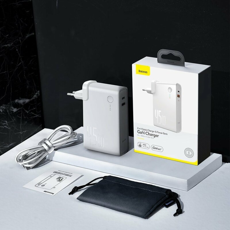 Incarcator Priza + Baterie Externa Baseus GaN 1xUSB + 1xType-C Fast Charge 45W 10000mAh - PPNLD-C02 - Alb