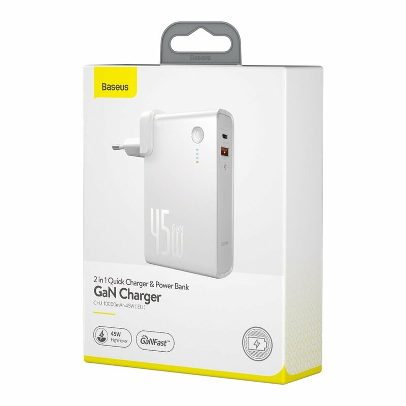 Incarcator Priza + Baterie Externa Baseus GaN 1xUSB + 1xType-C Fast Charge 45W 10000mAh - PPNLD-C02 - Alb