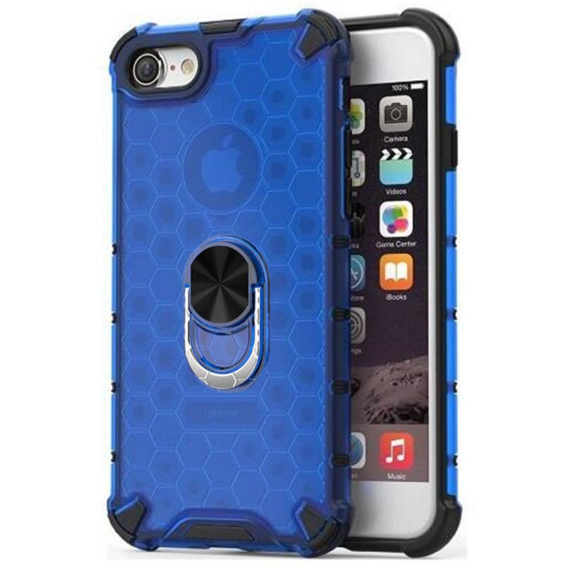 Husa iPhone 8 Honeycomb Cu Inel Suport Stand Magnetic - Albastru