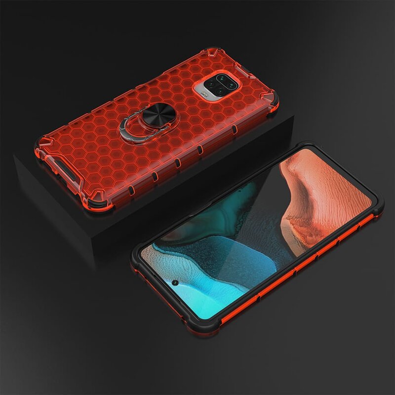 Husa Xiaomi Redmi Note 9 Pro Honeycomb Cu Inel Suport Stand Magnetic - Rosu