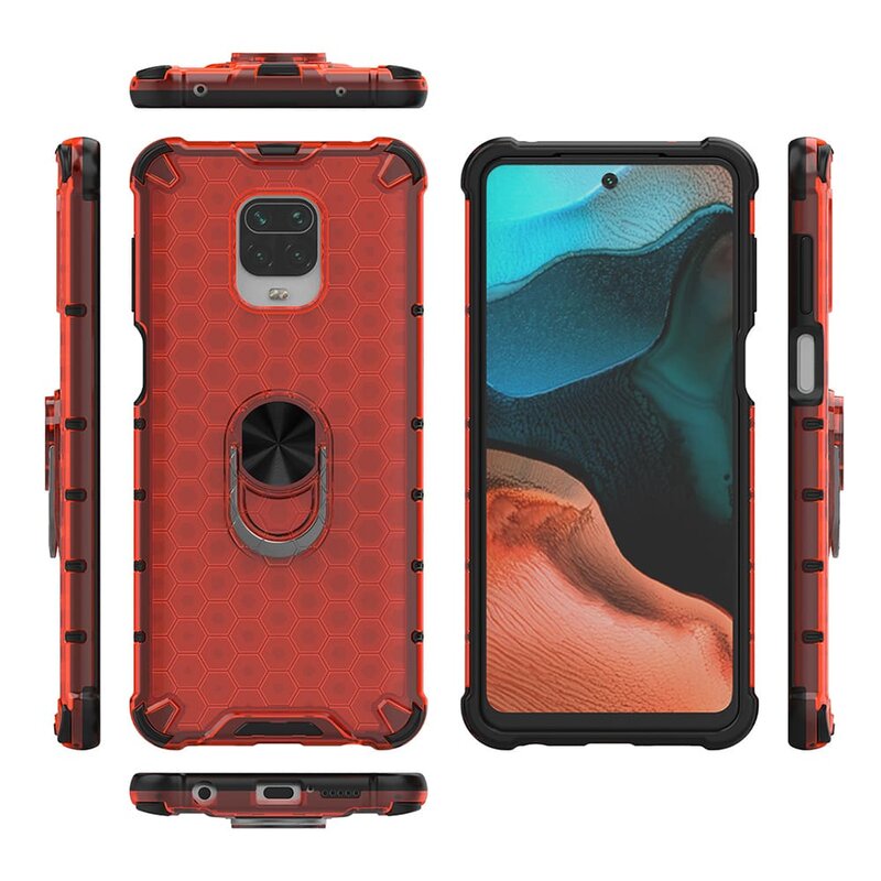 Husa Xiaomi Redmi Note 9 Pro Honeycomb Cu Inel Suport Stand Magnetic - Rosu