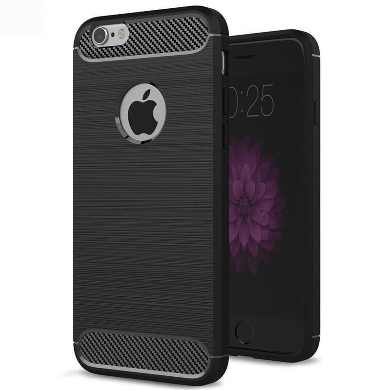 Husa iPhone 6 Plus / 6s Plus TPU Carbon Cu Decupaj Pentru Sigla - Negru
