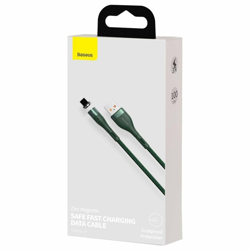 Cablu De Date Baseus Zinc Magnetic Cu Incarcare Rapida USB / Lightning 3A - 1m - CALXC-K06 - Verde