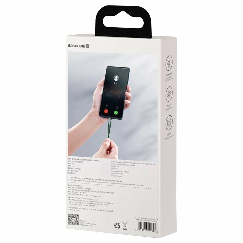 Cablu De Date Baseus Zinc Magnetic Cu Incarcare Rapida USB / Lightning 3A - 1m - CALXC-K06 - Verde