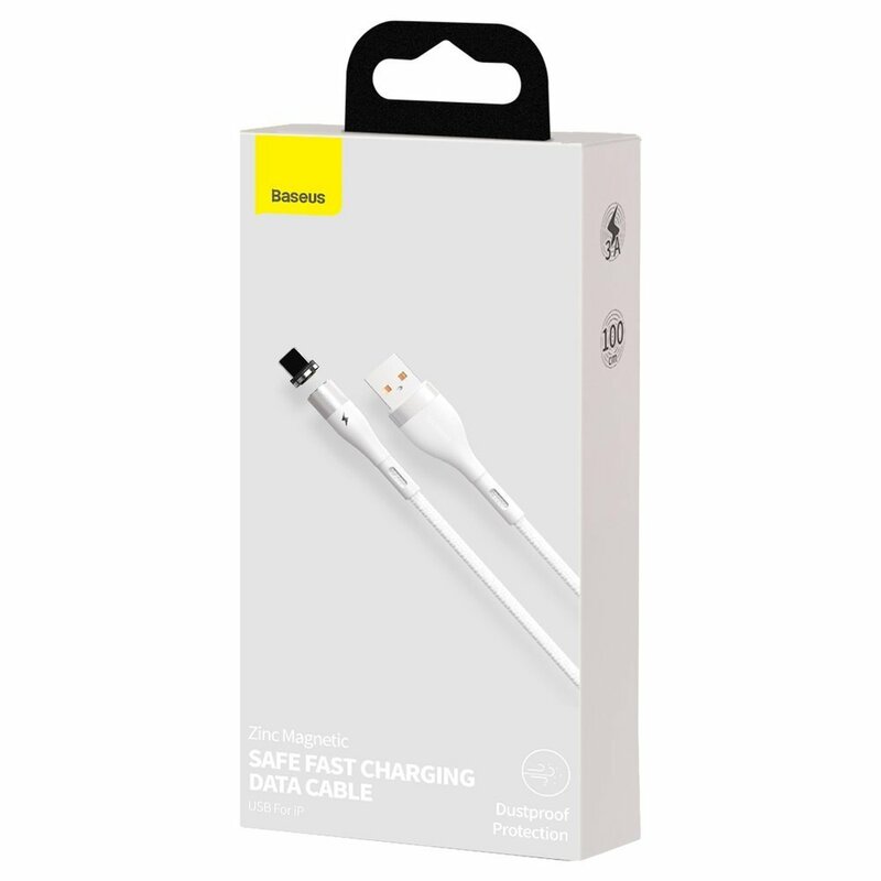 Cablu De Date Baseus Zinc Magnetic Cu Incarcare Rapida USB / Lightning 3A - 1m - CALXC-K02 - Alb