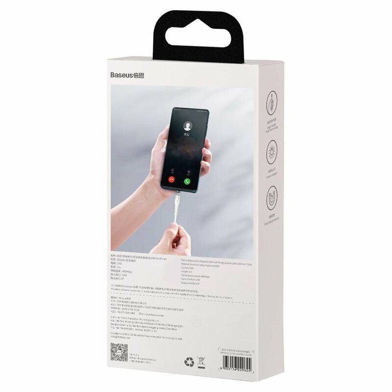Cablu De Date Baseus Zinc Magnetic Cu Incarcare Rapida USB / Lightning 3A - 1m - CALXC-K02 - Alb
