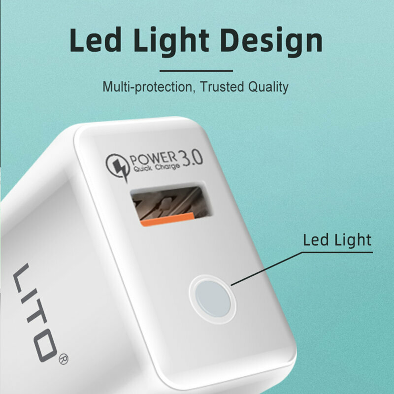 Incarcator Priza Lito QO-101 USB QC3.0 Cu Lumina LED 3A + Cablu De Tip USB / Lightning - Alb