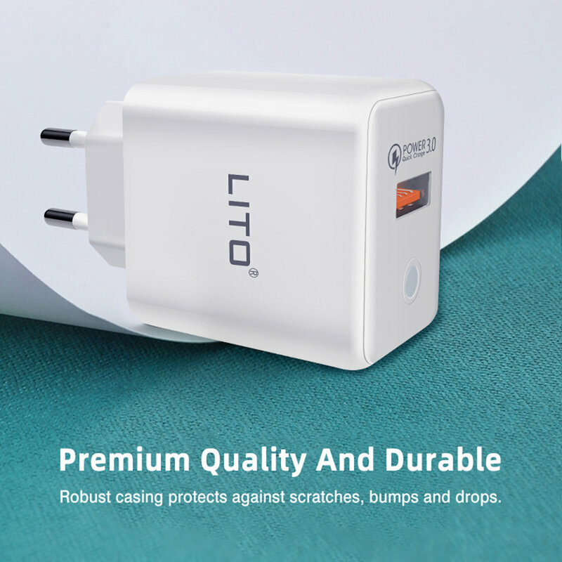 Incarcator Priza Lito QO-101 USB QC3.0 Cu Lumina LED 3A + Cablu De Tip USB / Lightning - Alb