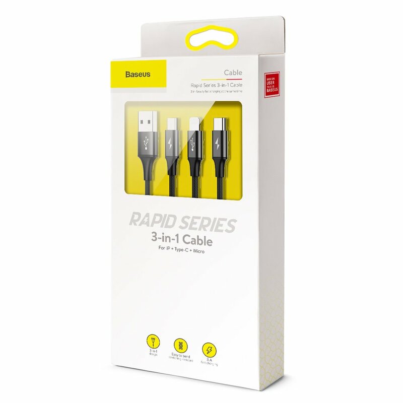 Cablu de date Baseus 3in1 USB / Lightning / Type C / Micro-USB 3A - 1.2m  - CAMLT-SU01- Negru