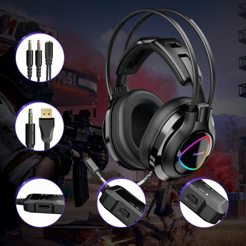 Casti On-Ear RGB Gaming Tronsmart Glary Alpha Multiplatforma 3.5mm Jack/USB - Negru