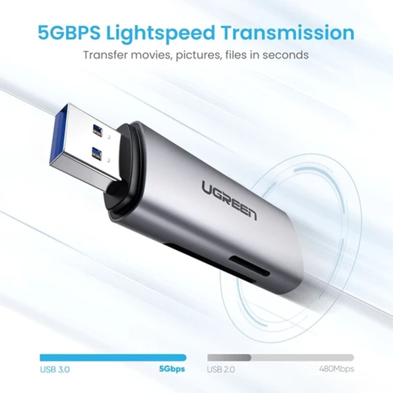 Card reader Ugreen USB 3.0 la SD, Micro SD, 5Gbps, argintiu, 60723