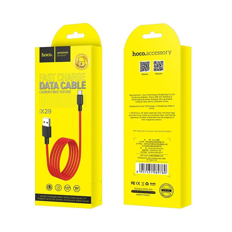 Cablu de date Hoco X29, USB la Type-C, incarcare rapida, 3A 1m, rosu