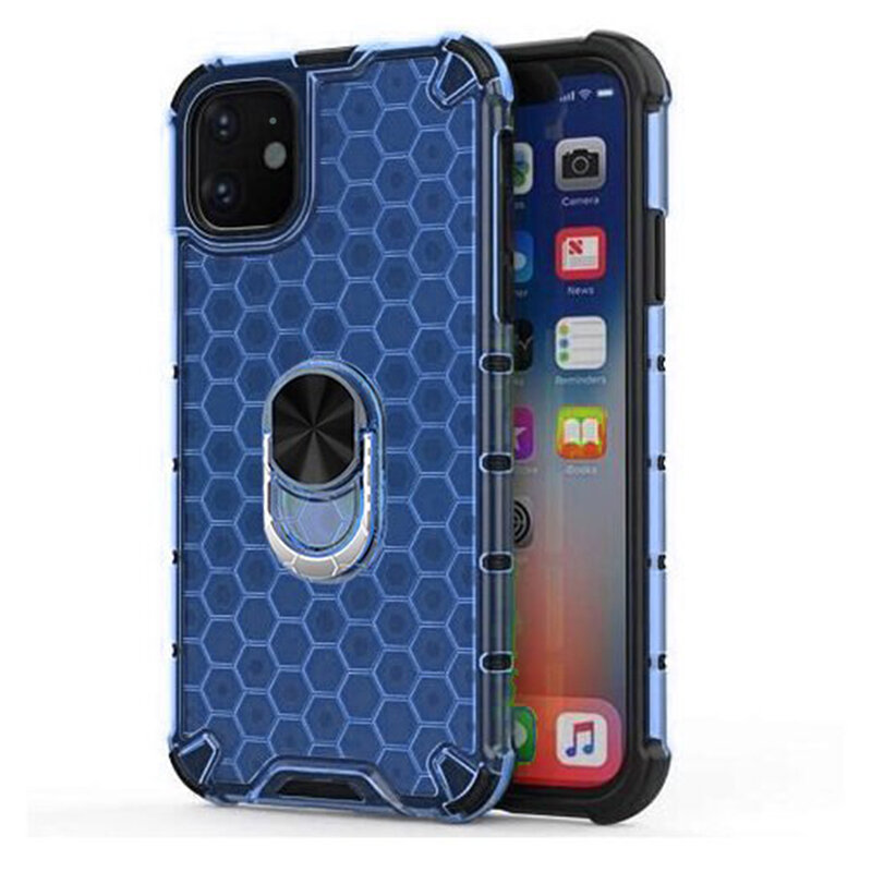 Husa iPhone 12 Honeycomb Cu Inel Suport Stand Magnetic - Albastru