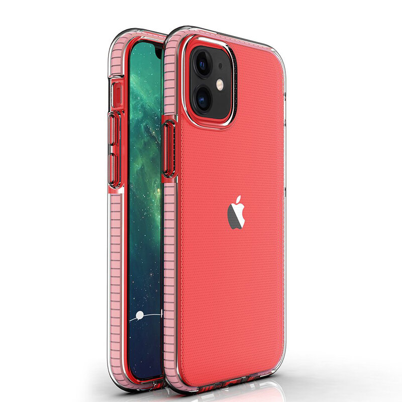 Husa iPhone 12 mini Transparenta Spring Case Flexibila Cu Margini Colorate - Roz Deschis