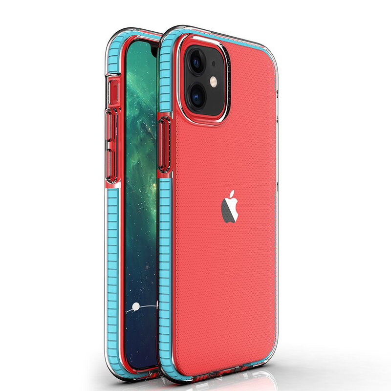 Husa iPhone 12 Transparenta Spring Case Flexibila Cu Margini Colorate - Bleu