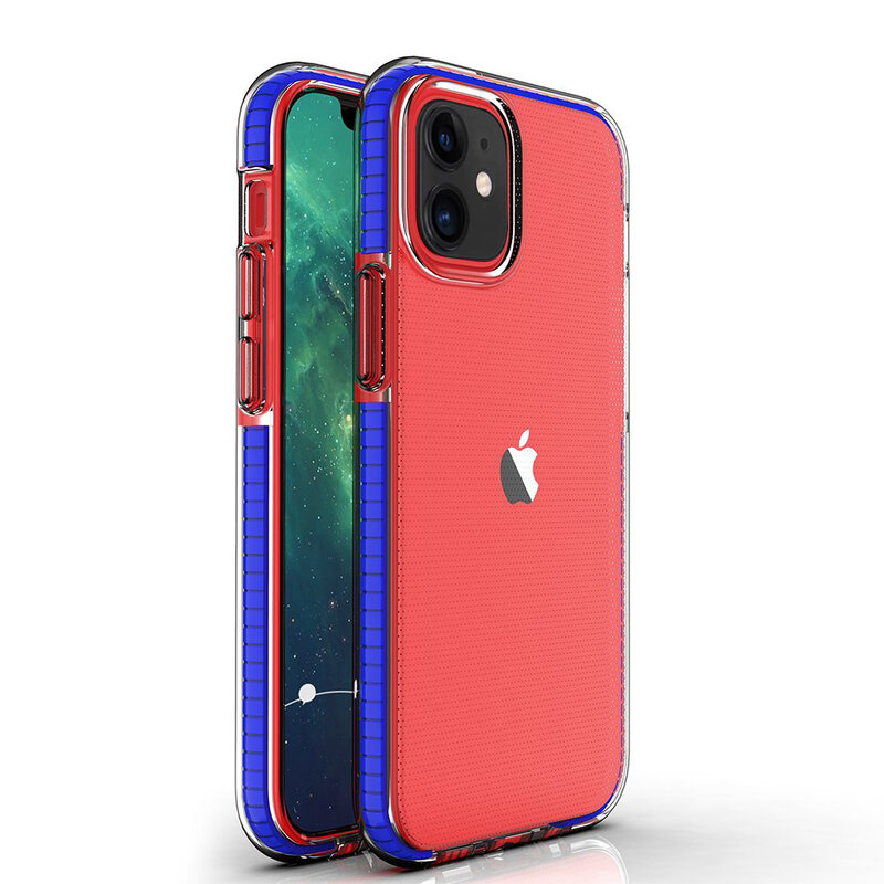 Husa iPhone 12 Transparenta Spring Case Flexibila Cu Margini Colorate - Bleumarin
