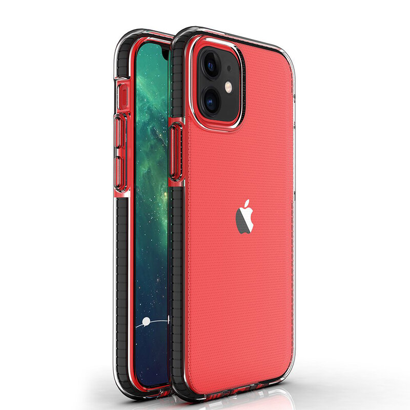 Husa iPhone 12 Transparenta Spring Case Flexibila Cu Margini Colorate - Negru