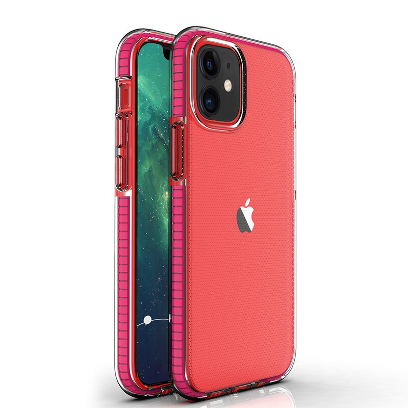 Husa iPhone 12 Transparenta Spring Case Flexibila Cu Margini Colorate - Roz Inchis
