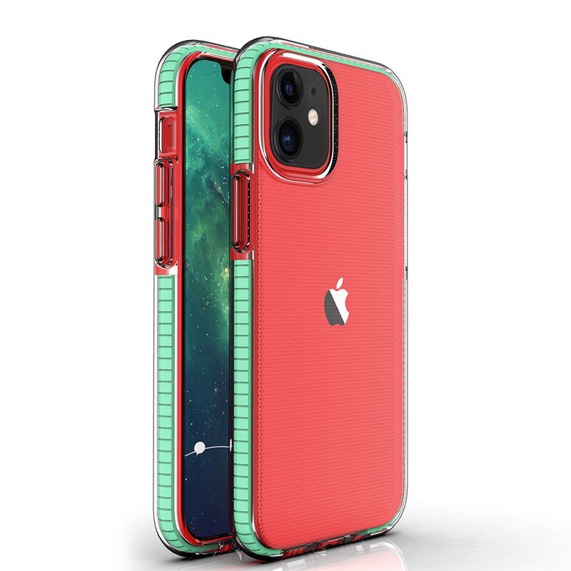 Husa iPhone 12 Transparenta Spring Case Flexibila Cu Margini Colorate - Verde Deschis