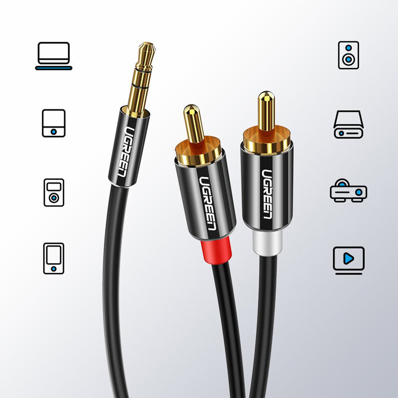 Cablu audio Ugreen, adaptor mini Jack 3.5mm la 2x RCA, 3m, negru, 10590