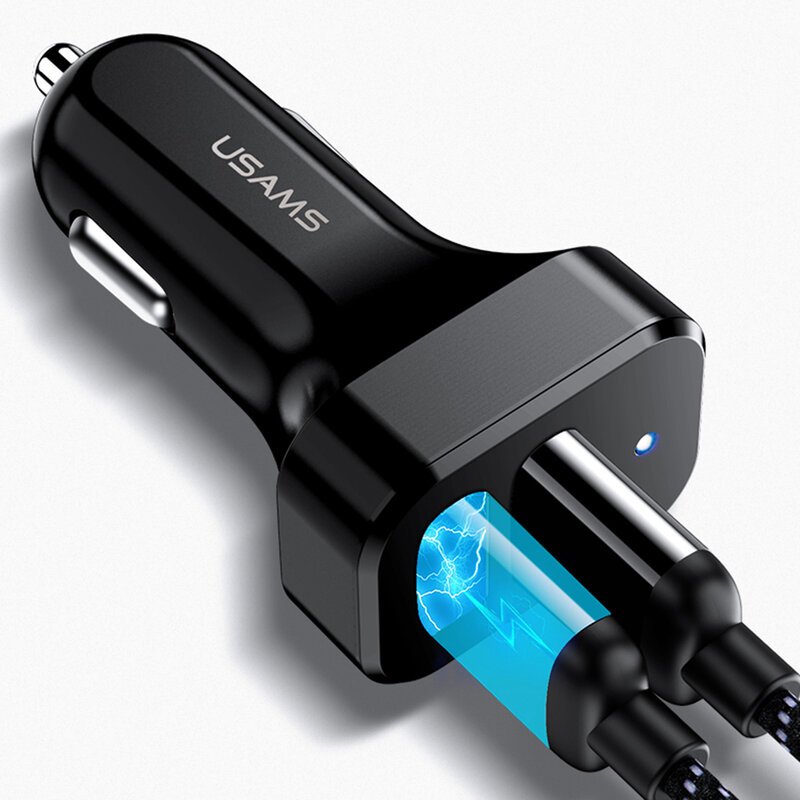Incarcator auto Usams C13 + Cablu U35 Micro-USB, Lightning, Type-C 2A, negru
