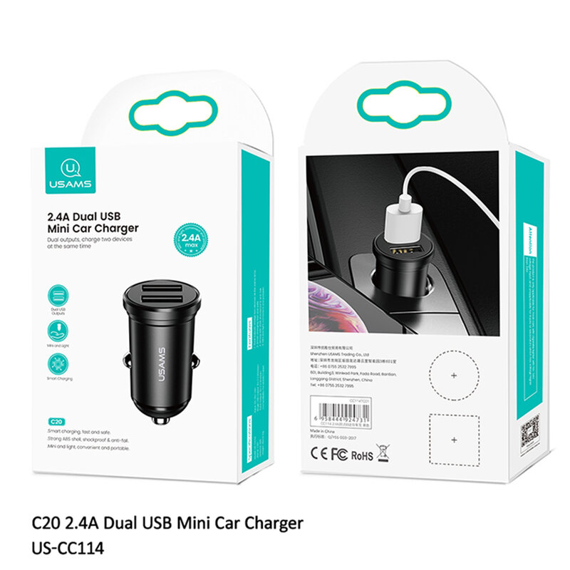 Incarcator auto pentru telefon 2x USB Usams C20 12W 2.4A, negru, US-CC114