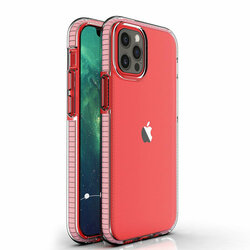 Husa iPhone 12 Pro Max Transparenta Spring Case Flexibila Cu Margini Colorate - Roz Deschis