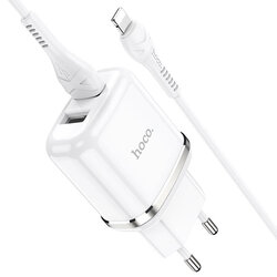 Incarcator Priza Hoco N4 2xUSB Cu Incarcare Rapida Si Cablu Lightning 1m - 2.4A - Alb