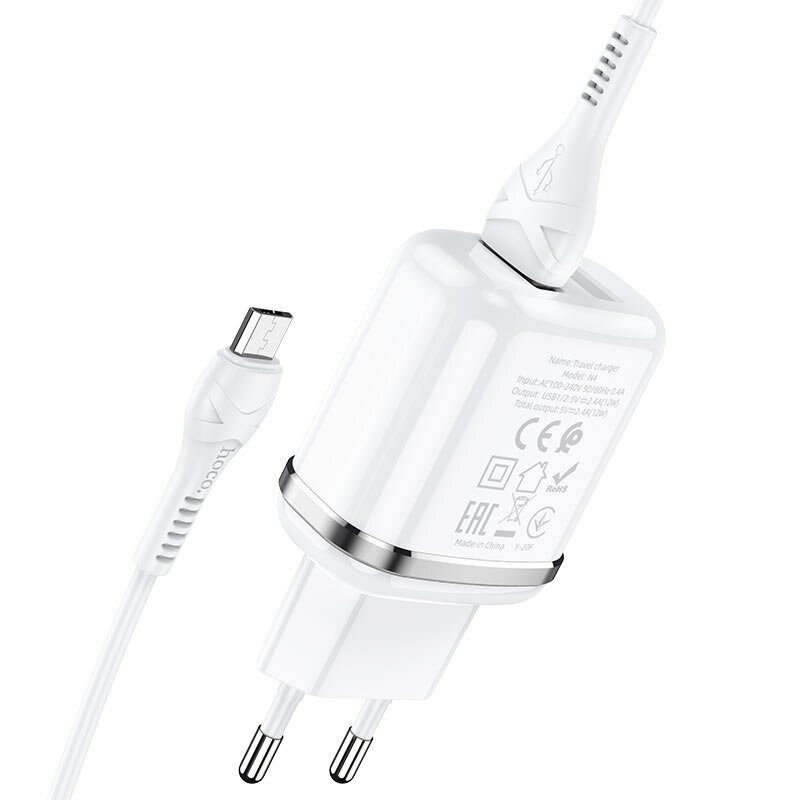 Incarcator Priza Hoco N4 2xUSB Cu Incarcare Rapida Si Cablu Lightning 1m - 2.4A - Alb