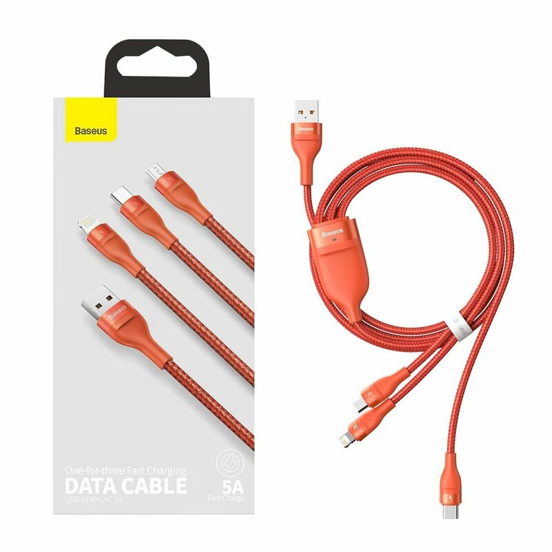 Cablu De Date 3in1 Lightning, Micro-USB, Type-C 1.2m 5A  Baseus, portocaliu, CA1T3-07