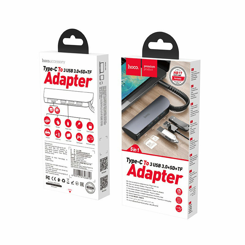 Adaptor 5in1 Convertor Type-C la 3x USB 3.0, SD, TF Hoco HB17 - Negru