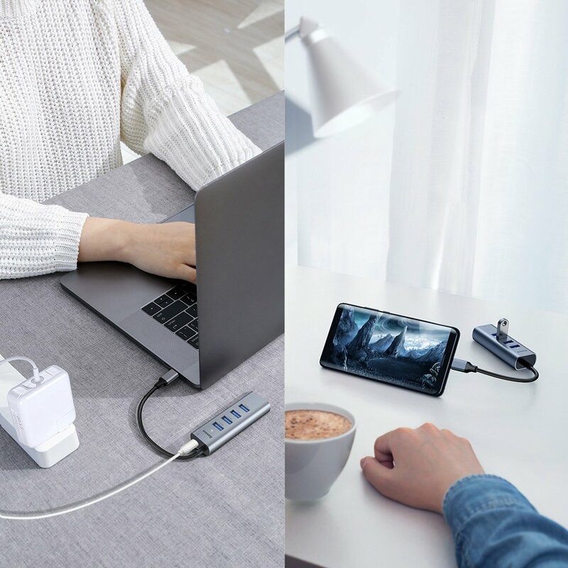 Hub Adaptor Type-C la 4x USB 3.0, USB-C PD Baseus 3A 60W - CAHUB-Q0G - Gri