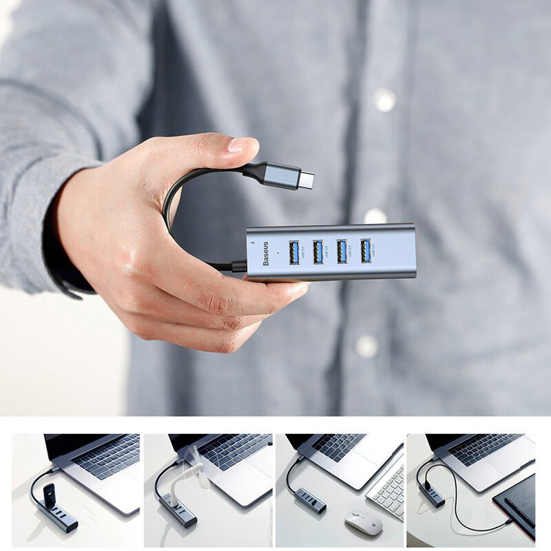 Hub Adaptor Type-C la 4x USB 3.0, USB-C PD Baseus 3A 60W - CAHUB-Q0G - Gri