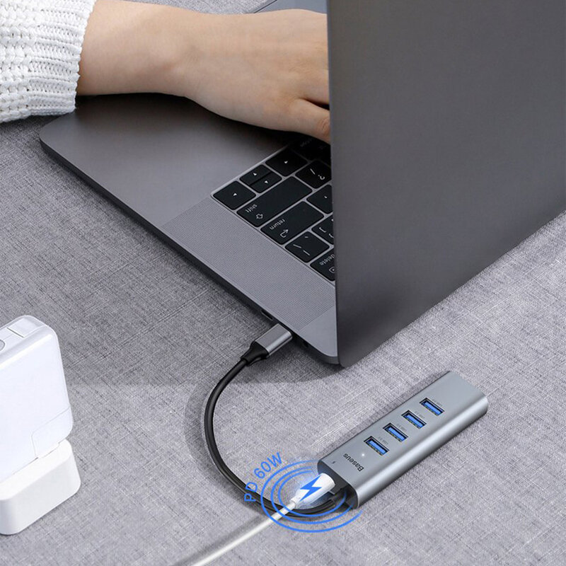 Hub Adaptor Type-C la 4x USB 3.0, USB-C PD Baseus 3A 60W - CAHUB-Q0G - Gri