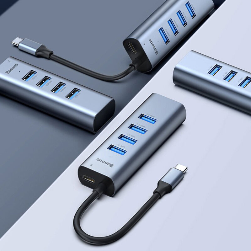 Hub Adaptor Type-C la 4x USB 3.0, USB-C PD Baseus 3A 60W - CAHUB-Q0G - Gri