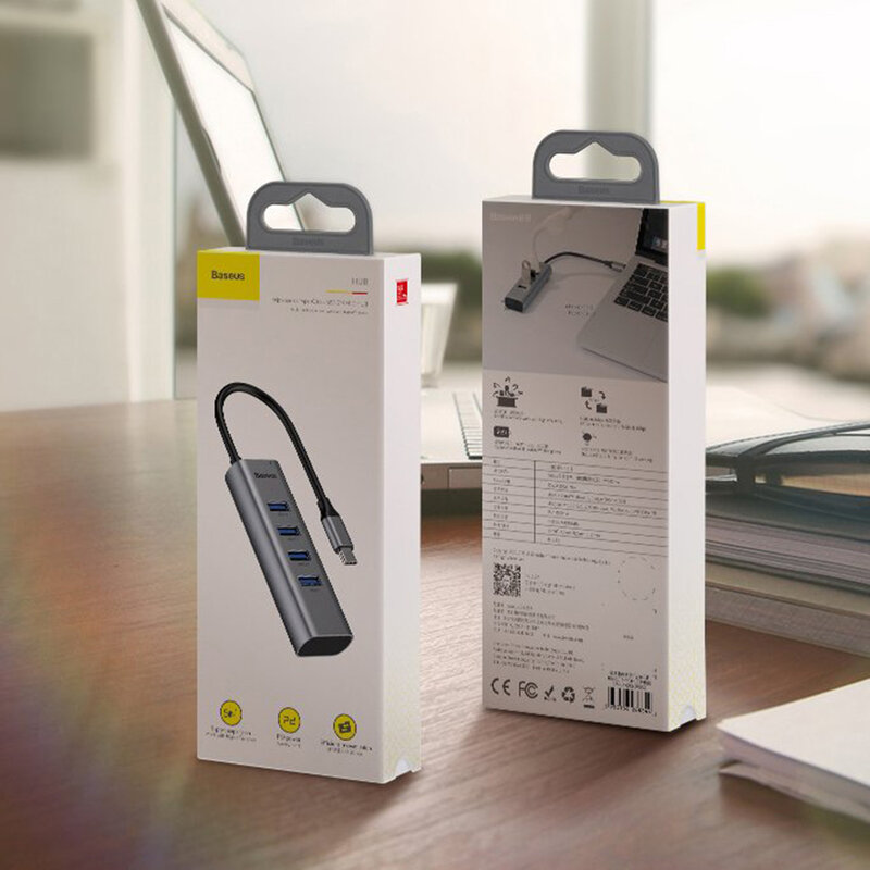 Hub Adaptor Type-C la 4x USB 3.0, USB-C PD Baseus 3A 60W - CAHUB-Q0G - Gri