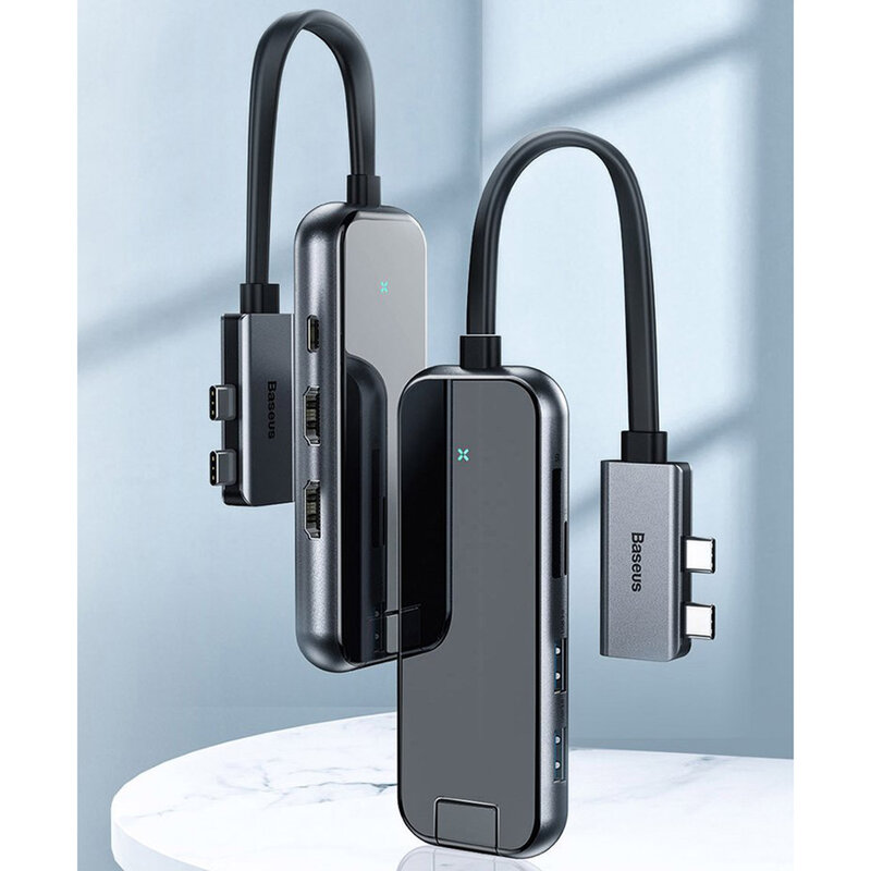 Hub Adaptor 2x Type-C La 2x HDMI, 2x USB, SD/ TF, PD, RJ45 Baseus - CAHUB-FZ0G - Gri 