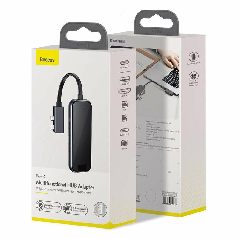 Hub Adaptor 2x Type-C La 2x HDMI, 2x USB, SD/ TF, PD, RJ45 Baseus - CAHUB-FZ0G - Gri 
