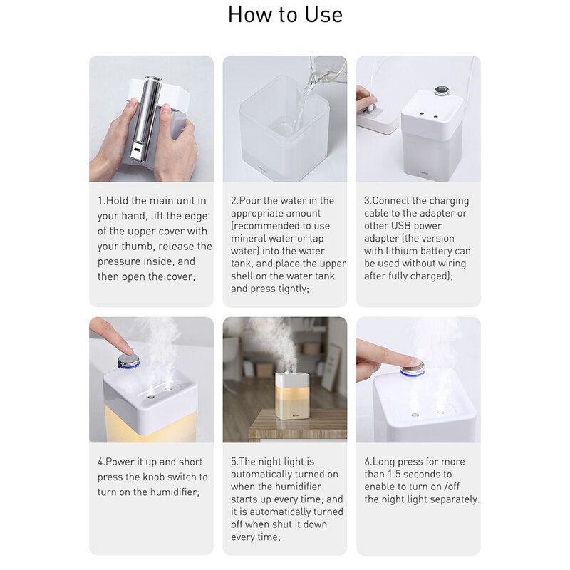 Umidificator Purificator Aer Difuzor Aromaterapie Baseus 1A 3W - DHSG-B02 - Alb