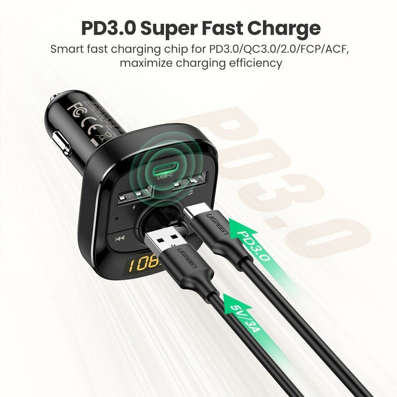 Incarcator auto Ugreen, modulator FM, 2x USB, Type-C, afisaj digital, negru, 70717 