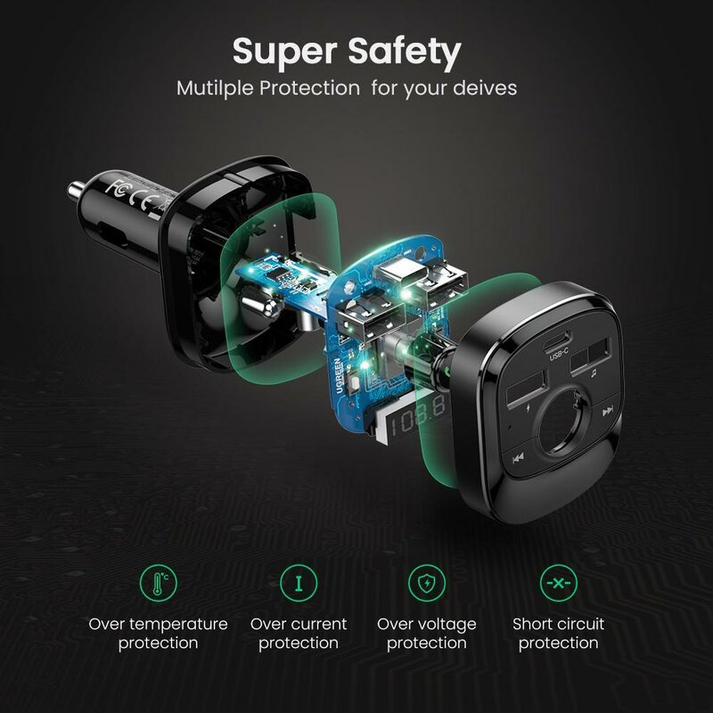 Incarcator auto Ugreen, modulator FM, 2x USB, Type-C, afisaj digital, negru, 70717 